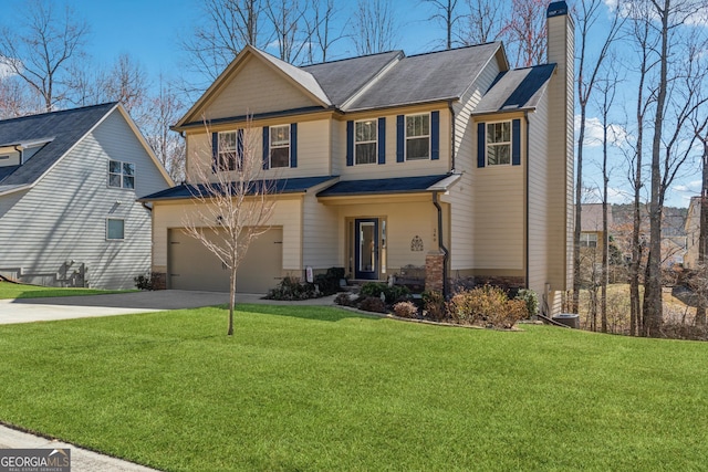 craftsman-style home featuring an attached garage, a chimney, concrete driveway, and a front yard