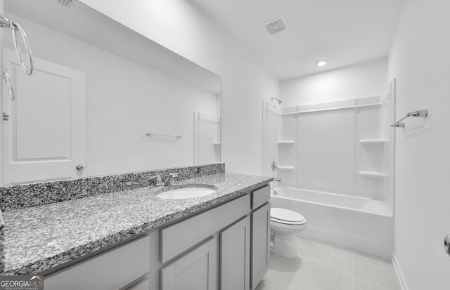 bathroom featuring visible vents, bathing tub / shower combination, toilet, tile patterned flooring, and vanity