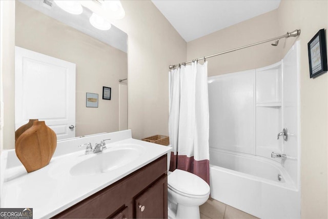 full bath featuring tile patterned flooring, visible vents, toilet, shower / bath combo with shower curtain, and vanity