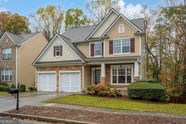 craftsman inspired home with a garage, stone siding, roof with shingles, and driveway