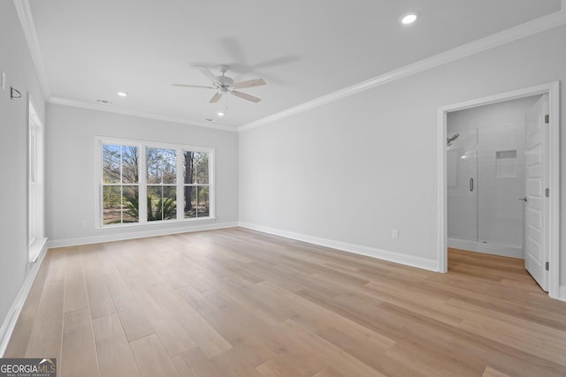 interior space featuring light wood-style flooring, baseboards, crown molding, and recessed lighting