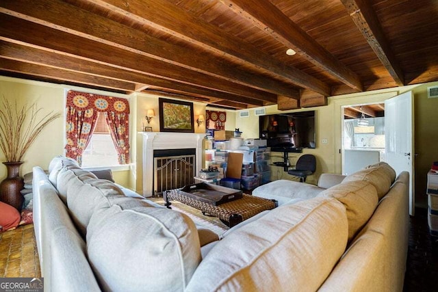 living room featuring wood ceiling, visible vents, a fireplace, and beam ceiling