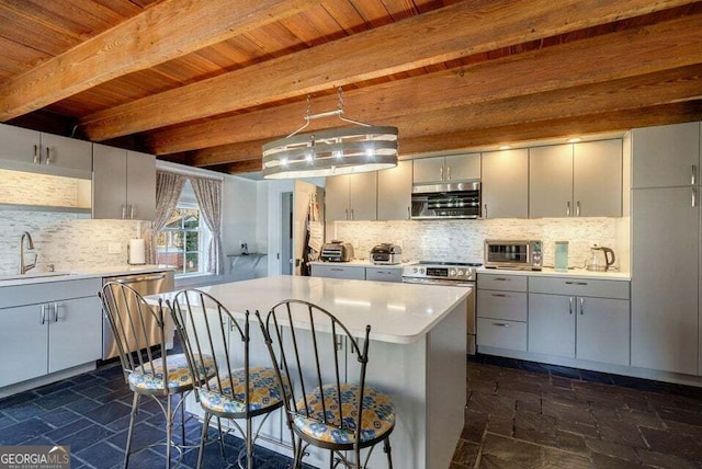 kitchen with wooden ceiling, stainless steel electric range oven, gray cabinets, and a sink