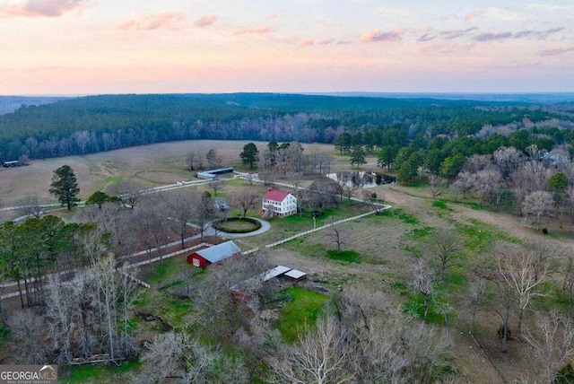 aerial view featuring a rural view and a wooded view