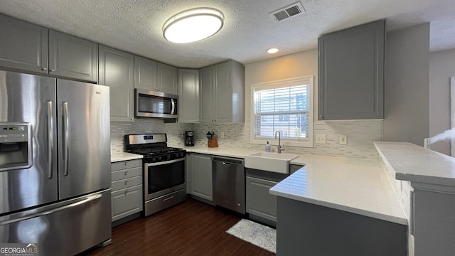 kitchen featuring gray cabinetry, a peninsula, dark wood-type flooring, a sink, and appliances with stainless steel finishes