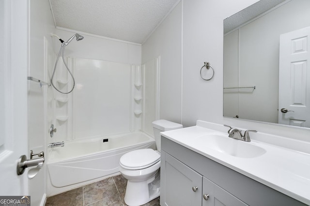 full bath with bathing tub / shower combination, a textured ceiling, toilet, and vanity