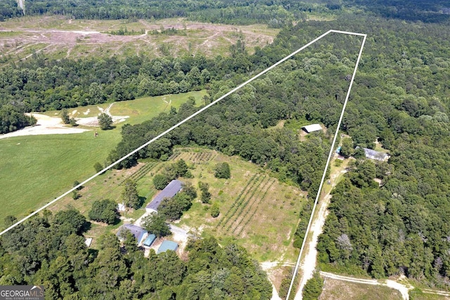 birds eye view of property with a rural view and a forest view