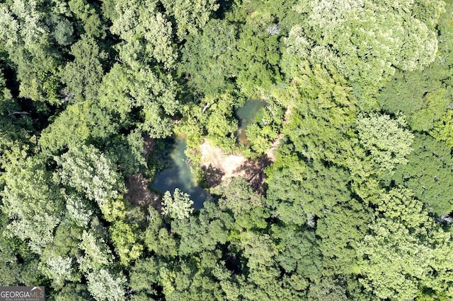 bird's eye view featuring a wooded view