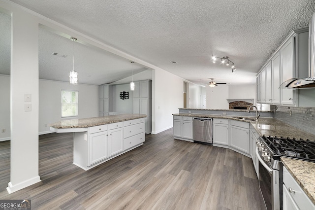 kitchen with dark wood finished floors, appliances with stainless steel finishes, a sink, ceiling fan, and a peninsula