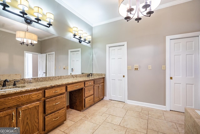 bathroom with a sink, double vanity, a chandelier, and crown molding