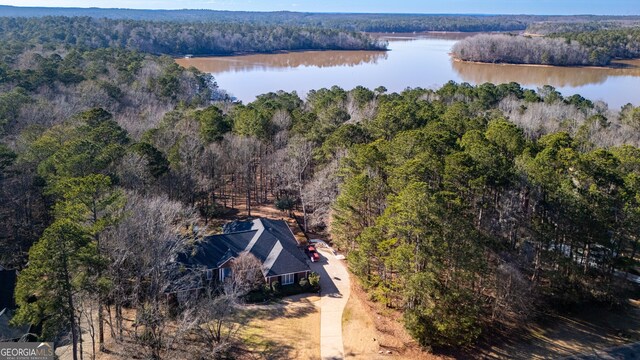 aerial view featuring a water view and a wooded view