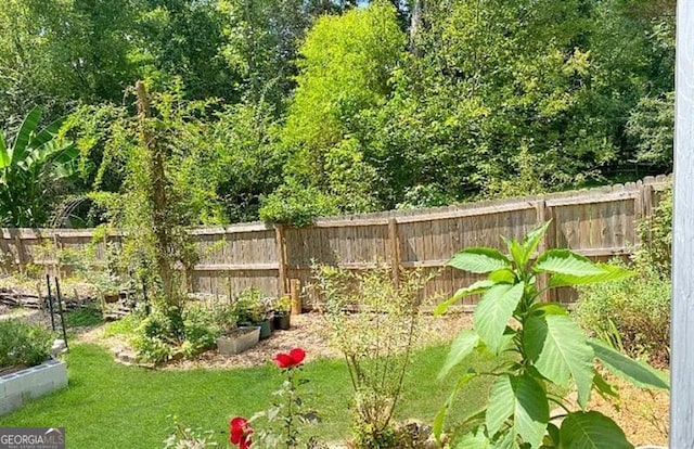 view of yard featuring a garden and a fenced backyard