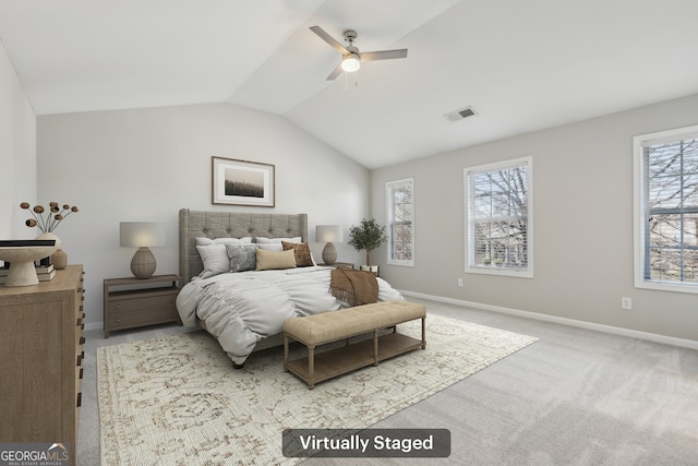 bedroom with lofted ceiling, a ceiling fan, visible vents, baseboards, and carpet