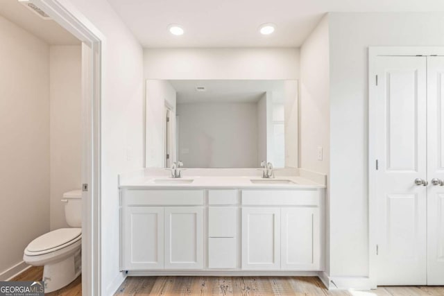 full bathroom featuring double vanity, wood finished floors, a sink, and toilet