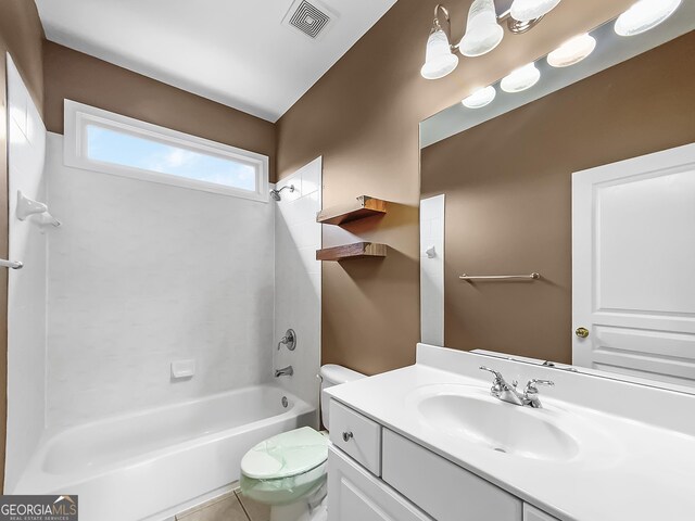 full bath featuring shower / bath combination, visible vents, vanity, and toilet