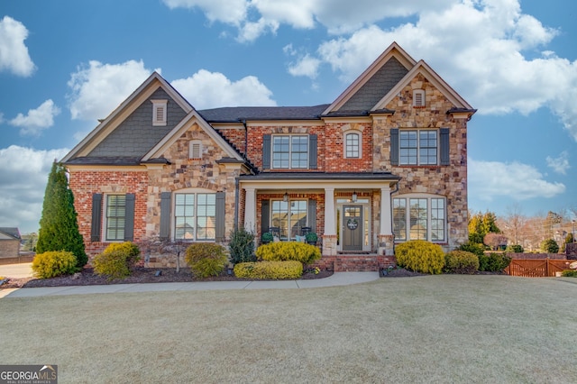 craftsman-style home with stone siding, a porch, a front yard, and fence