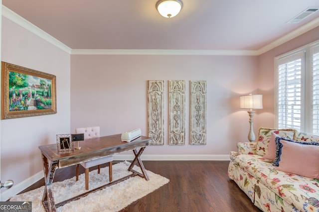 office with dark wood-style floors, ornamental molding, visible vents, and baseboards