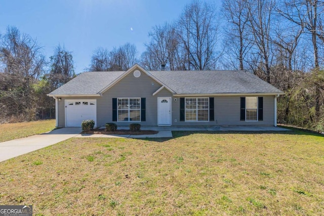 11139 Silver Aspen Ct, Hampton, GA 30228 - ranch-style house featuring concrete driveway, a garage, a front lawn, and roof with shingles