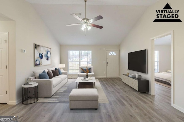 11139 Silver Aspen Ct, Hampton, GA 30228 - living area featuring wood finished floors, ceiling fan, and high vaulted ceiling