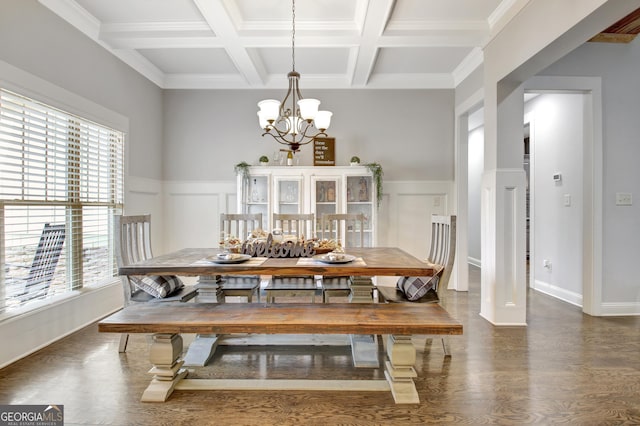 dining area featuring a notable chandelier, wainscoting, wood finished floors, coffered ceiling, and beamed ceiling