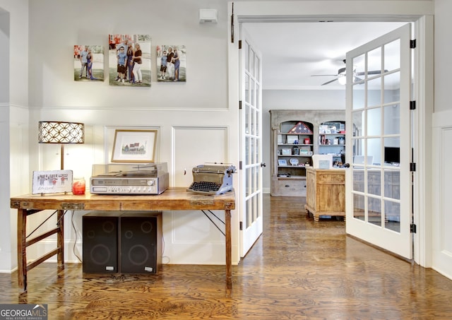 office area featuring french doors, ceiling fan, and wood finished floors