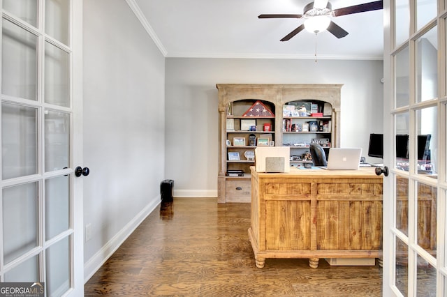 office space with ceiling fan, wood finished floors, baseboards, french doors, and crown molding