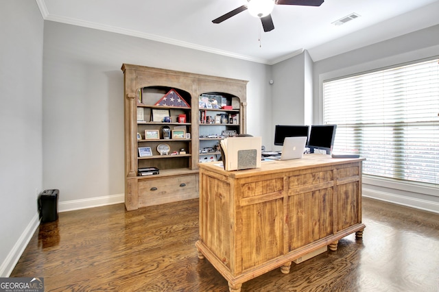 office space featuring dark wood-style floors, visible vents, crown molding, and baseboards