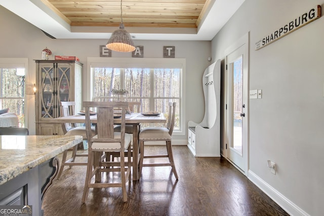 dining area with dark wood-style floors, a tray ceiling, wooden ceiling, and baseboards