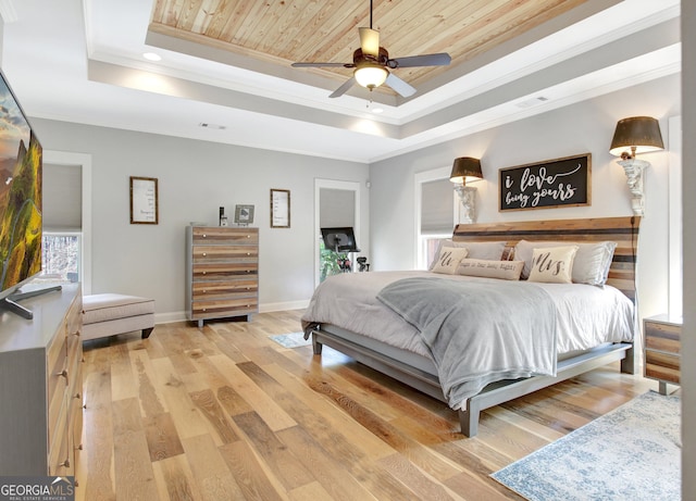 bedroom featuring light wood-style floors, a raised ceiling, wooden ceiling, and crown molding