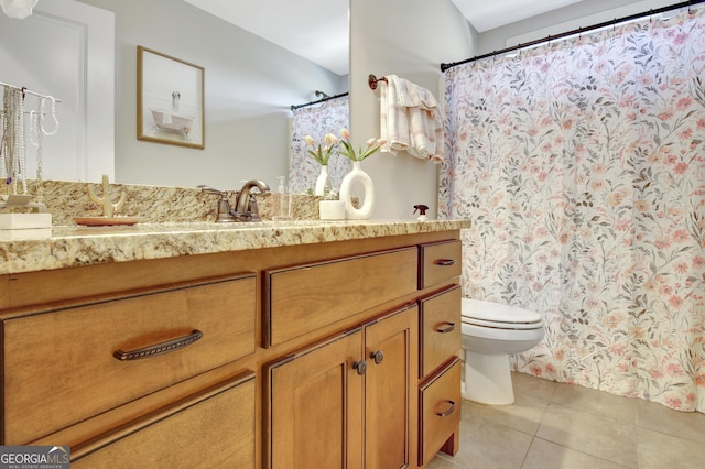 full bathroom with toilet, a shower with curtain, tile patterned flooring, and vanity