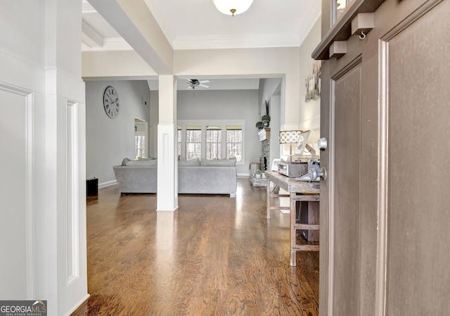 foyer featuring crown molding, dark wood finished floors, baseboards, and ceiling fan