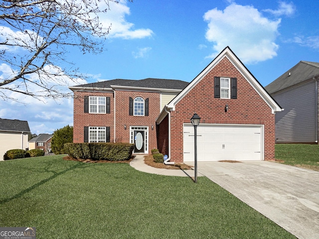 view of front of house with driveway, brick siding, and a front yard