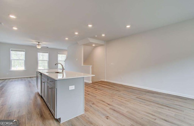 kitchen featuring open floor plan, light countertops, gray cabinetry, light wood-style floors, and a sink