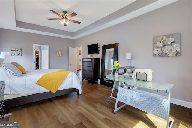 bedroom with a spacious closet, a tray ceiling, wood finished floors, and baseboards