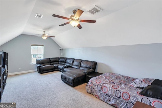 living area featuring baseboards, visible vents, vaulted ceiling, and carpet flooring