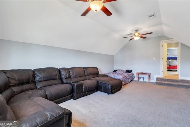 living area featuring baseboards, visible vents, lofted ceiling, ceiling fan, and carpet flooring