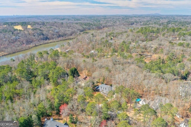 birds eye view of property with a water view and a wooded view