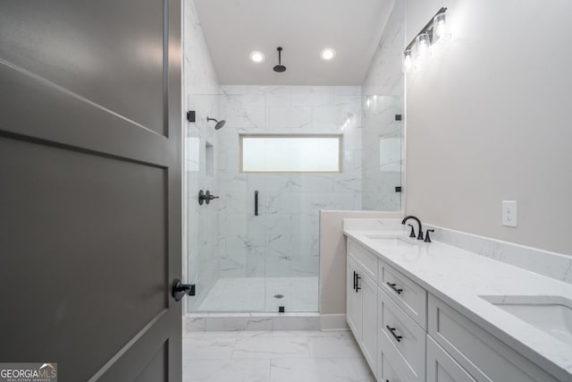 544 Lemmon Ln, Ellijay, GA 30540 - full bathroom with recessed lighting, marble finish floor, a sink, and a marble finish shower