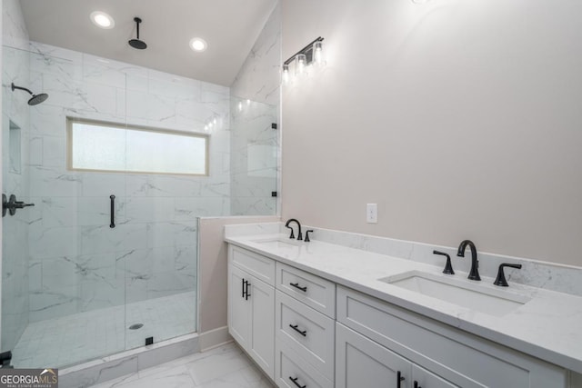 544 Lemmon Ln, Ellijay, GA 30540 - bathroom with recessed lighting, marble finish floor, a sink, and a marble finish shower