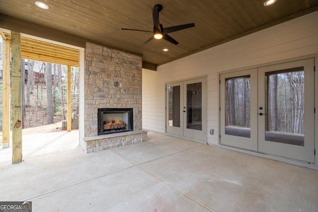 544 Lemmon Ln, Ellijay, GA 30540 - view of patio with a ceiling fan, french doors, and an outdoor stone fireplace
