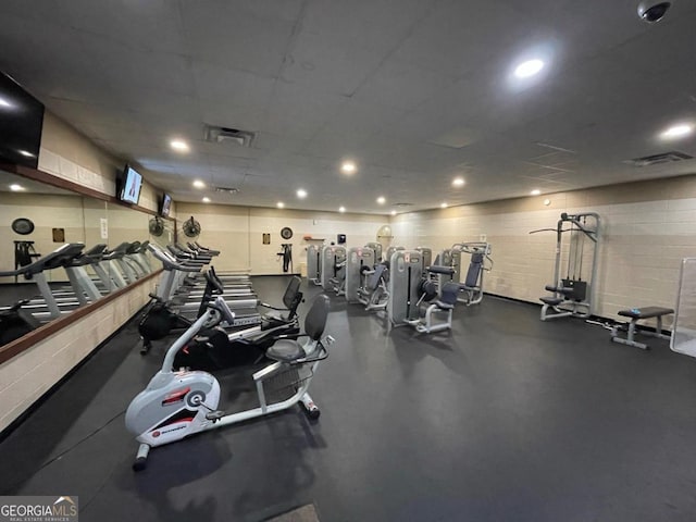544 Lemmon Ln, Ellijay, GA 30540 - exercise room featuring concrete block wall, visible vents, and recessed lighting
