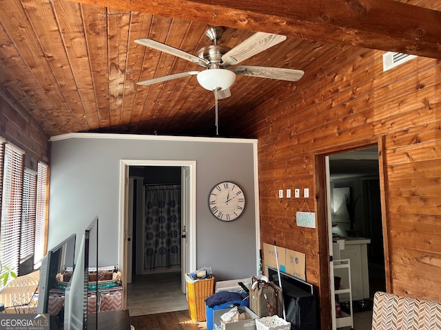 living area featuring ceiling fan, wooden ceiling, wooden walls, wood finished floors, and vaulted ceiling