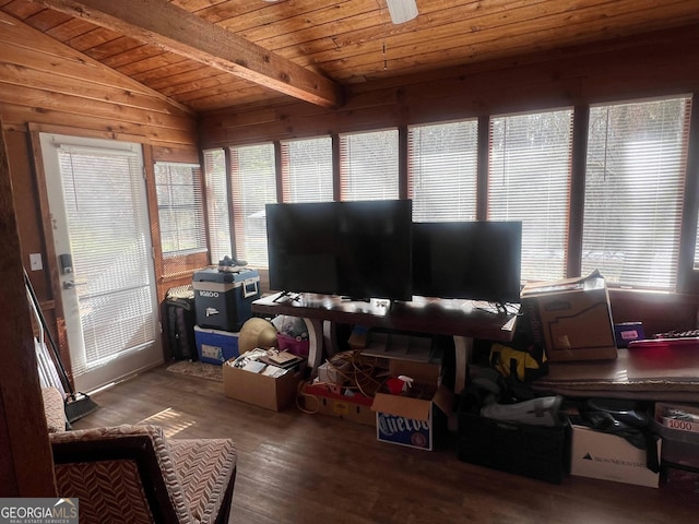 sunroom / solarium featuring vaulted ceiling with beams, wooden ceiling, and a healthy amount of sunlight