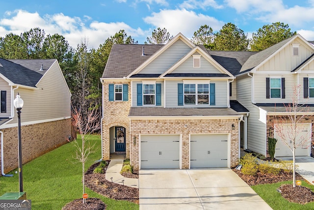 view of front of home with driveway, a garage, a shingled roof, a front lawn, and brick siding