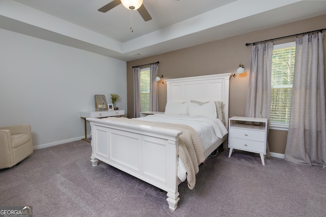 5620 Berney Cir, Powder Springs, GA 30127 - carpeted bedroom with visible vents, baseboards, ceiling fan, and a tray ceiling