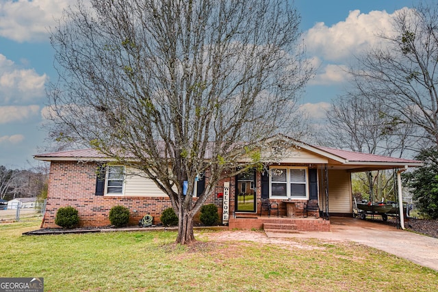 ranch-style house with metal roof, brick siding, driveway, a carport, and a front lawn