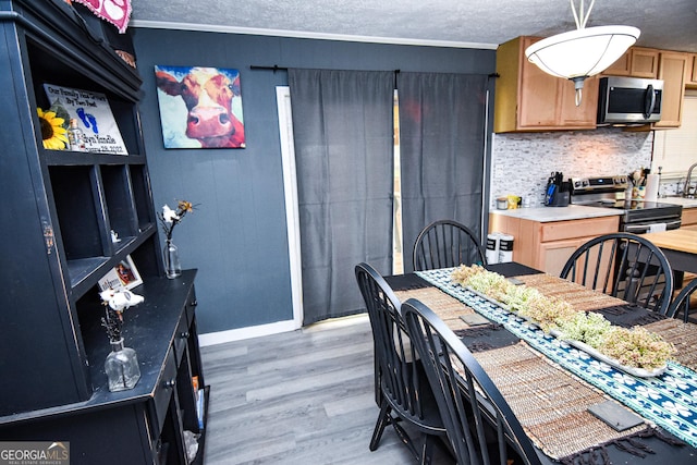 interior space featuring stainless steel appliances, a textured ceiling, light countertops, light wood-style floors, and backsplash