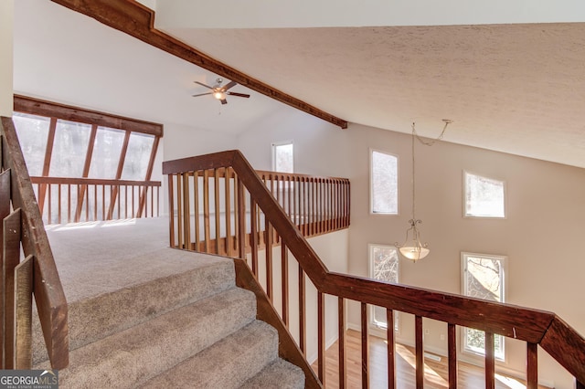 stairs with lofted ceiling with beams, ceiling fan, and a textured ceiling