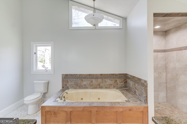 full bathroom with tile patterned flooring, toilet, baseboards, tiled shower, and a whirlpool tub