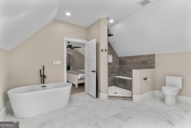 ensuite bathroom featuring baseboards, visible vents, toilet, marble finish floor, and walk in shower